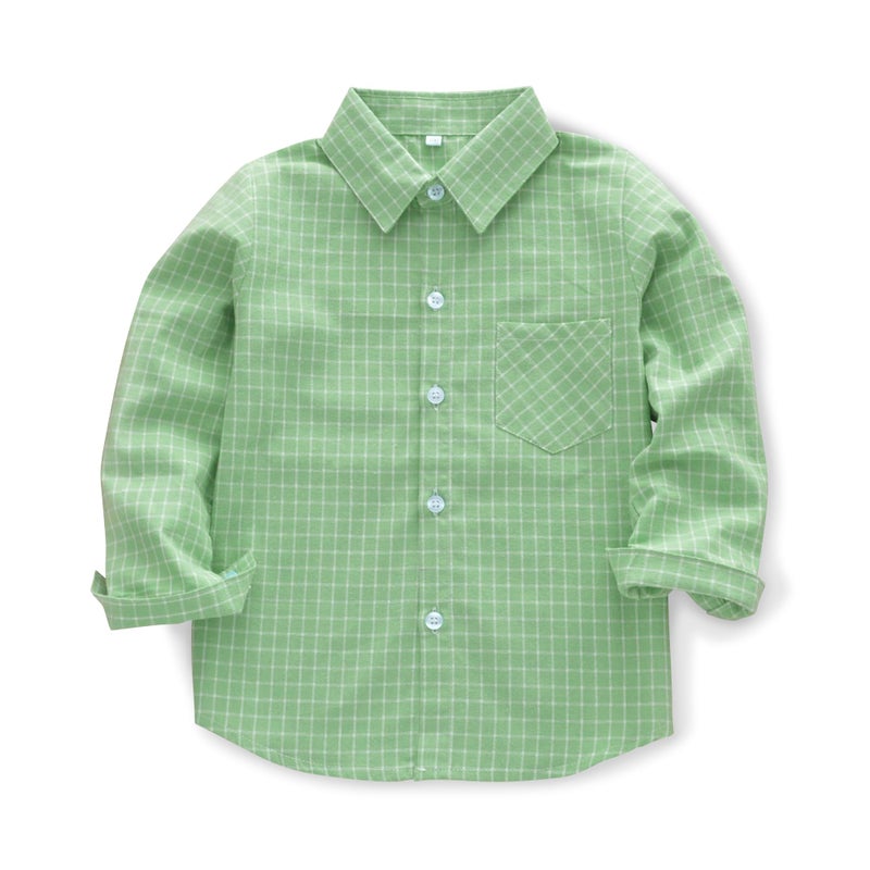 OCHENTA Big Boys Plaid Flannel Button Down Shirt Long Sleeve Casual Dress Tops Green 130CM - 5-6X - Image 1